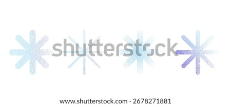 Snowflakes noise gradient signs set. Winter season grainy gradation elements. Christmas airbrush symbols. Vector asterisk xmas frozen shapes illustration isolated on transparent background.