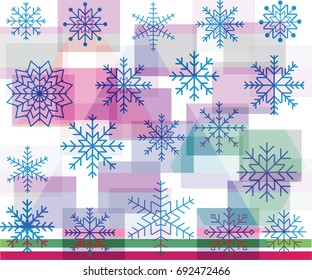 Snowflakes on abstract geometric background of squares