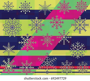 Snowflakes on abstract geometric background of squares