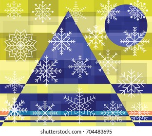 Snowflakes on abstract geometric background of squares