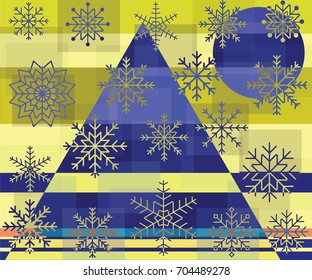 Snowflakes on abstract geometric background of squares