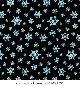 Flocos de neve em um plano de fundo preto.Padrão sem costura vetor com flocos de neve azuis em um plano de fundo preto.