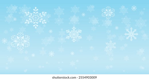 Snowflakes on blue background. Christmas snowy winter design. White falling snowflakes, abstract landscape. Cold weather effect. Magic nature fantasy snowfall texture decoration. Vector illustration