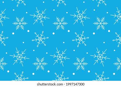 Schneeflocken auf blauem Hintergrund, nahtloses Muster auf Weiß. Weihnachtsflachvektor für Weihnachtstextilien, Plakate, Banner, Wrapper, Wallpaper. Winterweihnachtliche Hintergrund.