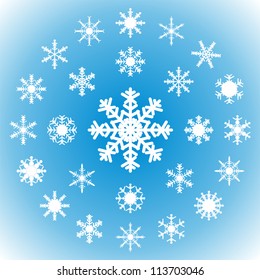 Snowflakes on a blue background - set of 25 pieces.