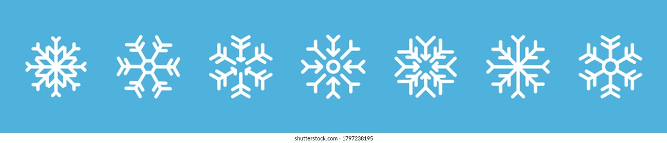 Snowflakes on a blue background. Set of white snowflakes. Winter symbol. Season. Ice. Refrigerator icons. Climate control signs. Decoration.