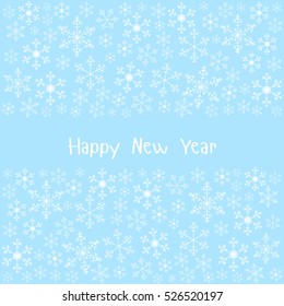 Snowflakes on a blue background, with text Happy New Year and place for text