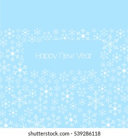 Snowflakes on a blue background, with text Happy New Year and place for text