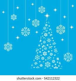 Snowflakes on a blue background. Vector illustration. Christmas tree