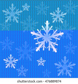 Snowflakes on blue knitted sweater. Blue Christmas snowflakes background. Vector illustration