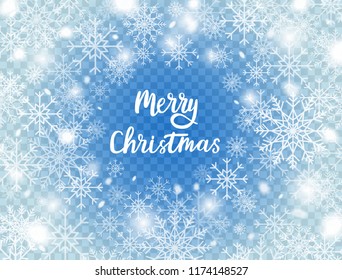Snowflakes on blue transparent background. Merry Christmas card with snow and snowflakes. Winter background. Frost storm, snowfall effect. Vector illustration