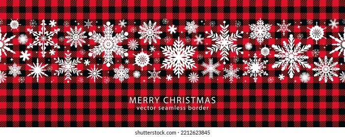 Snowflakes on a Buffalo plaid background.
Vector border seamless pattern. Festive winter texture.
