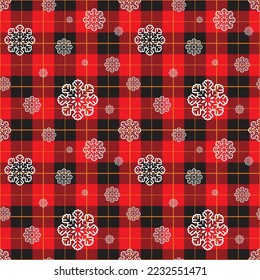 Snowflakes on a Buffalo plaid background. Vector Seamless Winter Pattern. Festive retro texture.