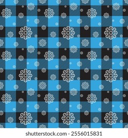 Snowflakes on a Buffalo plaid background. Vector Seamless Winter Pattern. Festive retro texture.