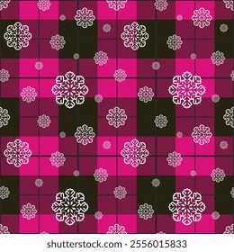 Snowflakes on a Buffalo plaid background. Vector Seamless Winter Pattern. Festive retro texture.