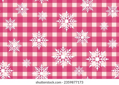 Snowflakes on a cute pink checkered background. Seamless winter holiday pattern. Graphic scottish texture. Fashionable print for gift wrapping, fabric, cover, social media stories. Vector illustration