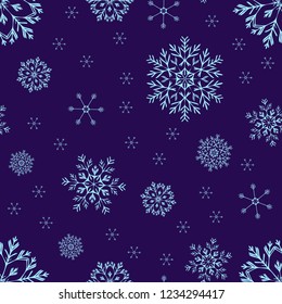 Snowflakes on dark blue background - vector seamless pattern. Snowfall, fabulous winter illustration for paper, cardboard, textiles, plastic