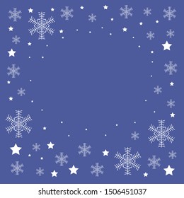 Snowflakes on a dark blue background with copy space in the center for your text. Background, texture, frame, card, holiday, Christmas, New year. Vector illustration