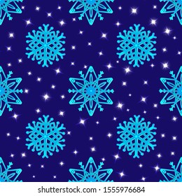 Snowflakes on a dark blue background and stars. Neon effect