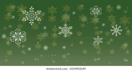 Snowflakes on green background. Christmas snowy winter design. White falling snowflakes, abstract landscape. Cold weather effect. Magic nature fantasy snowfall texture decoration. Vector illustration