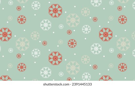 Copos de nieve sobre el fondo verde Textura vintage festiva sin fisuras vector de patrón de invierno.