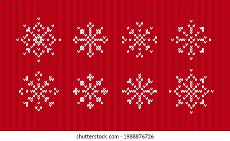 Snowflakes on knitted pattern. Vector illustration. Set of Christmas winter symbols on red seamless background. Sweater knit texture.
