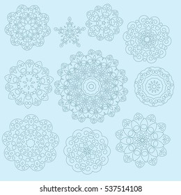 Snowflakes on light blue background for Your design. Winter pattern. Vector illustration