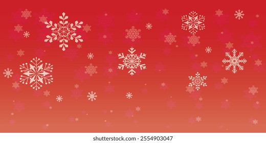 Snowflakes on red background. Christmas snowy winter design. White falling snowflakes, abstract landscape. Cold weather effect. Magic nature fantasy snowfall texture decoration. Vector illustration