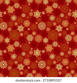 Snowflakes on a red background seamless pattern. Festive design for wrapping paper, packaging, and textiles. New Year and Christmas. Vector illustration.
