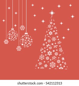 Snowflakes on red background. Vector illustration. Christmas tree.