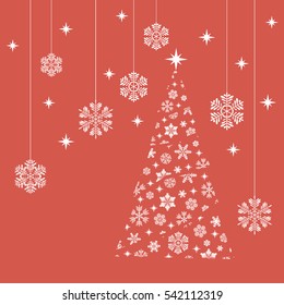 Snowflakes on red background. Vector illustration. Christmas tree.