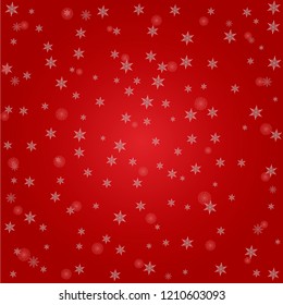 Snowflakes on red festive background. Snowfall Christmas. Snow on New Year s Eve.