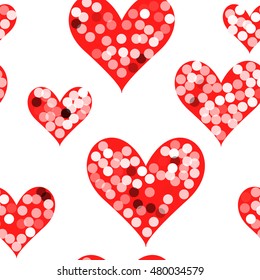 snowflakes on red hearts. seamless vector background pattern
