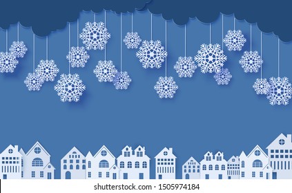 Snowflakes on ropes hanging over houses in paper cut style. Clouds in blue night sky and city buildings. Vector papercut winter concept. Merry Christmas sale banner template, creative promotion card.