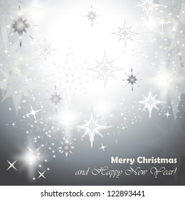 Snowflakes on Silver Background - Vector illustration. Light silver abstract Christmas background with white snowflakes and stars