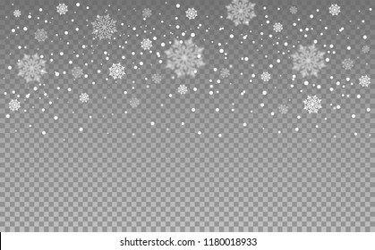 Snowflakes on transparent background. Falling snow. Vector illustration.