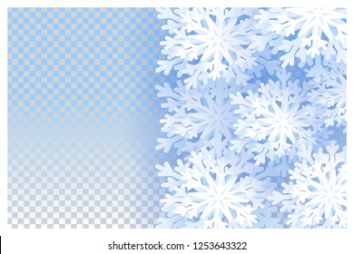 Snowflakes on transparent background. Happy New Year 2019. Christmas banner with snowflake. Vector illustration with falling snow.