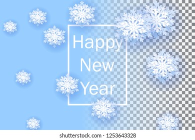 Snowflakes on transparent background. Happy New Year 2019. Christmas banner with snowflake. Vector illustration with falling snow.