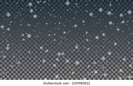 Snowflakes on transparent background. Snow pattern. Vector illustration. Falling snow.