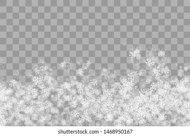 Snowflakes on transparent grey background. Winter sales, Christmas and New Year design for party invitation, banner, sale or web design. Horizontal winter pattern. Magic snowflakes