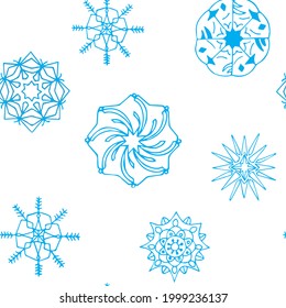 Copos de nieve en un fondo blanco. Patrón sin foco. Ilustración de material vectorial dedicada a Año Nuevo y Navidad.