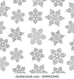 Schneeflocken auf weißem Hintergrund - nahtloses Muster. Line Art. Hintergrund für Winterdesign. Vektorgrafik