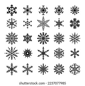 Schneeflocken auf weißem Hintergrund. Winterflache Dekoration. Symbol gefroren. Handgezeichneter Schneeflocken. Designelemente für Weihnachten und Neues Jahr. Vektorgrafik.