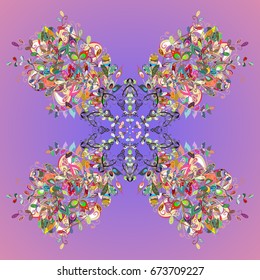 Snowflakes ornamental pattern in abstract style. Ornamental artistic vector illustration in colors for Merry christmas cards. New Year 2017 collection. Freehand ethnic Xmas sketch.