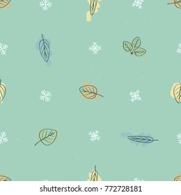 Snowflakes and outline leaves vector background