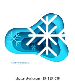 Snowflakes in paper cut trendy craft cartoon style. Christmas, new year modern design for advertising, branding background greeting card, cover, poster, banner. Vector illustration.