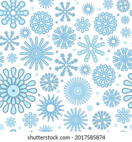 Snowflakes pattern. Background. Seamless picture. Winter Falling. Snowfall on a frosty day. Cartoon flat style. Cool backdrop. Vector