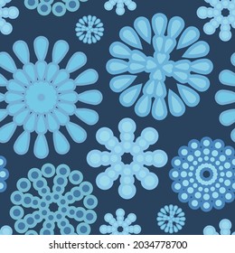 Snowflakes pattern. Background. Seamless picture. Winter Falling. Snowfall on a frosty night. Cartoon flat style. Cool backdrop. Vector.