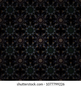 Snowflakes pattern in blue, brown and beige colors. Vector christmas abstract black background with falling snowflakes.