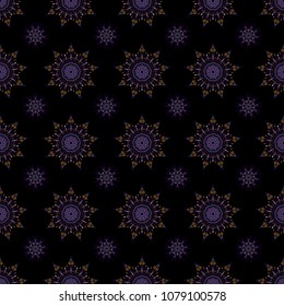 Snowflakes pattern in brown, purple and violet colors. Vector christmas abstract black background with falling snowflakes.